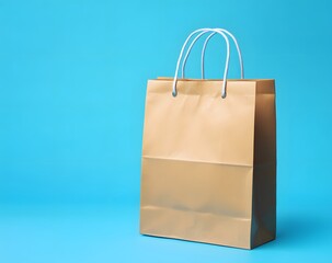 Photo of a brown paper bag on a blue background, a mockup template for design presentation. 