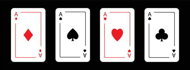Playing card set. Four aces icon. Poker cards suits. Hearts, clubs, diamonds, spades ace line. Winning poker hand. Las Vegas Casino gambling concept. Flat design. Black background. Isolated. Vector