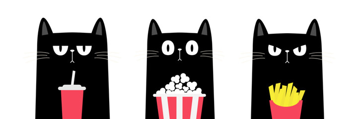 Cat set. Kitten watching movie. Popcorn, Soda, French fries. Cute cartoon funny character. Cinema theater. Film show. Kids sticker print. Childish style. White background. Flat design Vector