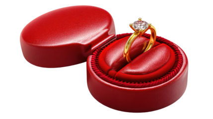 Diamond Ring in Red Box: A sparkling diamond ring elegantly rests inside a plush red ring box, ready for a special proposal or anniversary.  