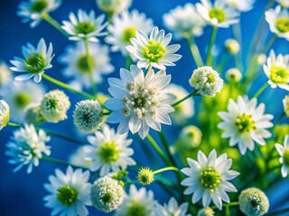 Aerial View of White and Green Flowers Blooming on a Blue Background