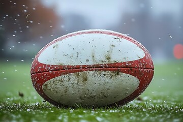 Close-up of a rugby ball, covered in mud and water droplets, on a grassy field.