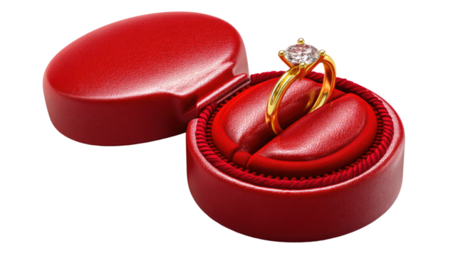 Diamond Ring in Red Box: A sparkling diamond ring elegantly rests inside a plush red ring box, ready for a special proposal or anniversary.  