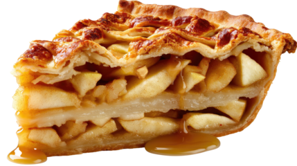 Golden Apple Pie: An exquisite slice of apple pie with a flaky crust, glistening with a delicate syrup. This photo captures the delightful textures and inviting colors of this classic dessert.