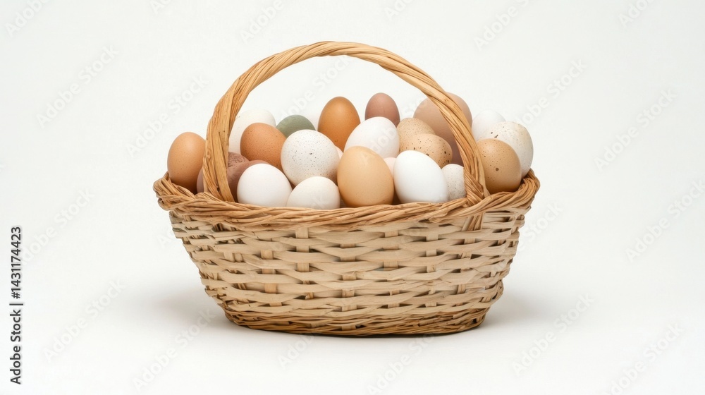 Poster rustic wicker basket overflowing with colorful assorted eggs against a clean white background studio