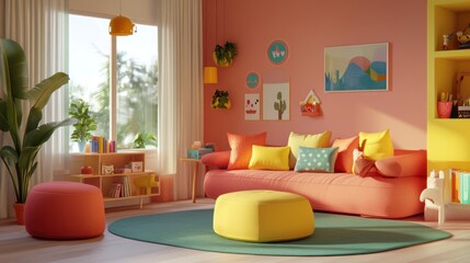 Vibrant, colorful children's playroom, filled with  cheerful, inviting furnishings and decor. Sunlight streams in, illuminating the space