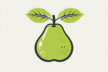 Stylized Green Pear with Leaves, Modern Black Outline, White Background, Minimalist Art