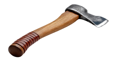 Axe with Wooden Handle: A close-up studio shot of a sturdy axe featuring a wooden handle with intricately wrapped grip, exuding strength and craftsmanship.