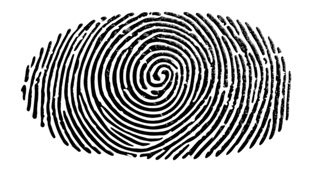 Intricate Fingerprint: A detailed close-up of a human fingerprint, showcasing the unique swirling patterns of ridges and valleys, illustrating identity and individuality. 