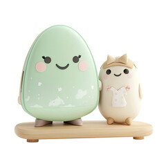 Obraz premium Adorable 3D Rendered Characters: A Green and Beige Egg-Shaped Duo on Wooden Base, Embracing Friendship and Joy