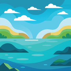 Serene Summer Landscape with Calm Ocean and Rolling Hills Under a Blue Sky