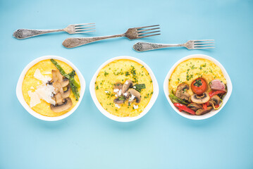 Corn grits diet menu. Vegan porridge and vegetable dish. Healthy lifestyle diet plan.