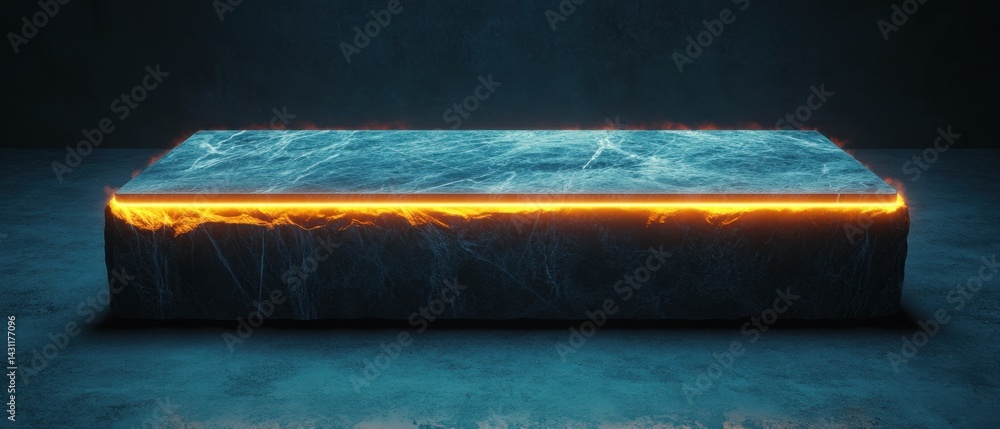 Poster futuristic marble platform illuminated with neon light for product display in a dark studio setting 