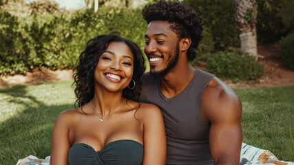 Young african couple relaxing in park with happy smiles and laughter - Powered by Adobe
