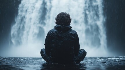 Obraz premium Person Meditating Near Waterfall in the Rain for Peaceful Contemplation