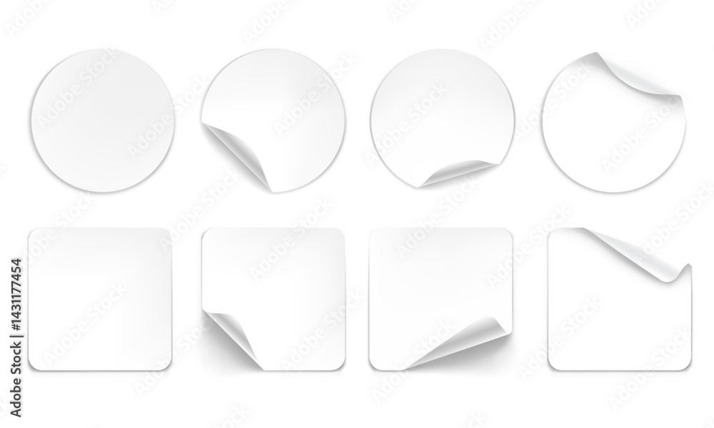 Poster vector realistic round and square sticker with curled edges and shadow isolated on transparent backg