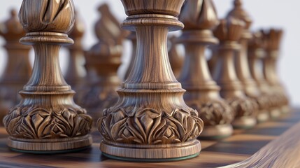 Fototapeta premium Close-up view of intricately carved wooden chess pieces