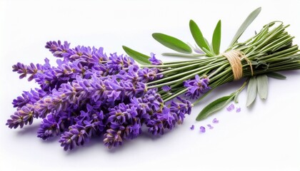 Naklejka premium a delicate bunch of lavender flowers with small purple blossoms and green leaves isolated on a white background