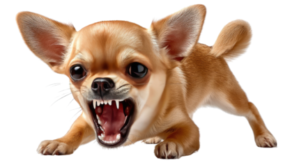 Chihuahua's Fierce Display: An adorable, yet feisty, chihuahua showcases its playful ferocity with an open-mouthed, teeth-baring expression. Witness the tiny dog's impressive spirit and determination.