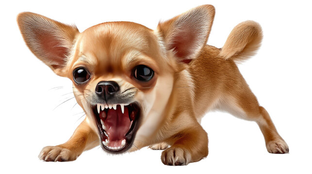 Chihuahua's Fierce Display: An adorable, yet feisty, chihuahua showcases its playful ferocity with an open-mouthed, teeth-baring expression. Witness the tiny dog's impressive spirit and determination.