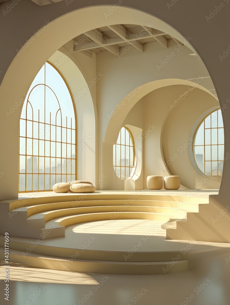 Poster serene architectural space with arched windows and soft light casting shadows on the minimalist desi