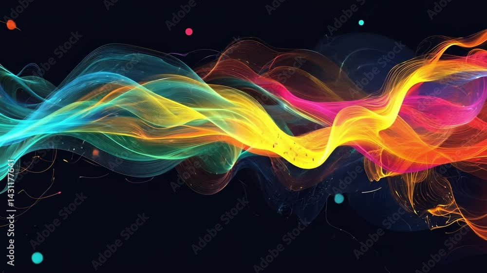 Poster vibrant abstract waves of color flow dynamically across dark background, creating energetic and crea