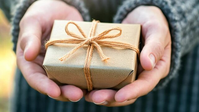 Gift in hands: caucasian adult male holding wrapped present with twine ribbon