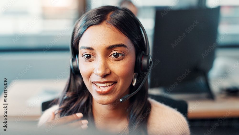 Poster computer, woman and talking with microphone at call center for technical support, online assistance 