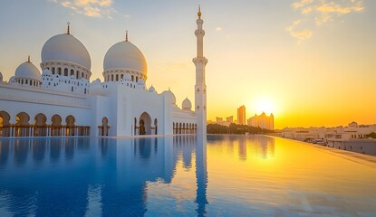 A beautiful white mosque with a large dome and minarets, with a reflection in the pool at sunset, city background. 