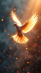 Glowing white dove flying through mystical sparkles and golden light in a dark dreamy sky