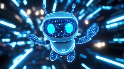 Cute robot in futuristic digital space