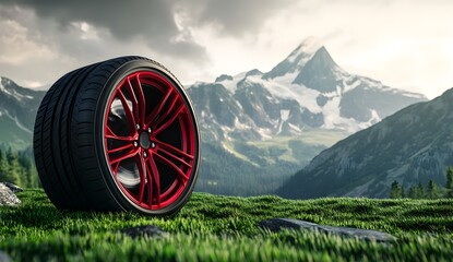 Black and red tire with a car wheel on green grass near a mountain background. 