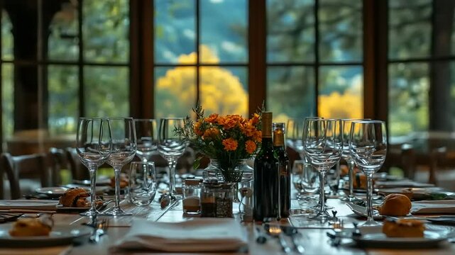 Elegant dining table setting with autumn view