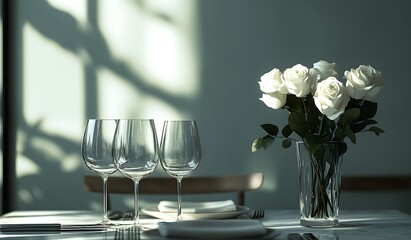 Photo of a table setting for an elegant dinner, with white roses in a vase on the side, empty wine glasses and cutlery, 