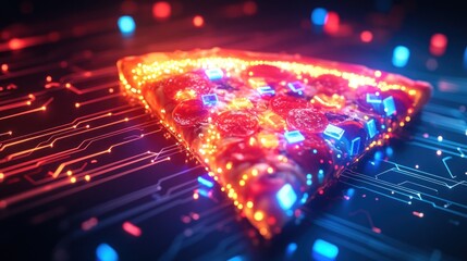 A glowing pizza slice on a circuit board.  The slice is lit with vibrant neon colors, highlighting the toppings