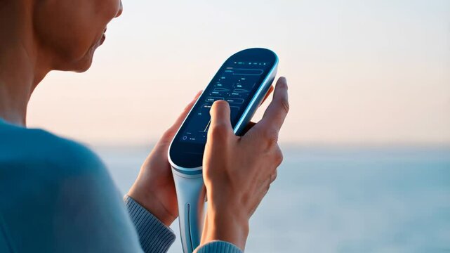 Woman with smartphone researches health solution, unveiling aging innovation. aging innovation drives quality, bridging science. aging innovation empowers future. Concept proactive longevity