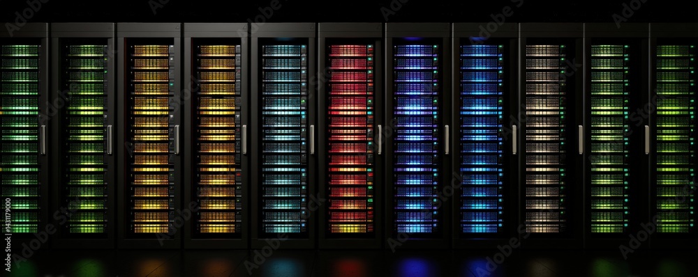 Poster a row of brightly lit server racks showcasing colorful led displays, symbolizing modern technology a