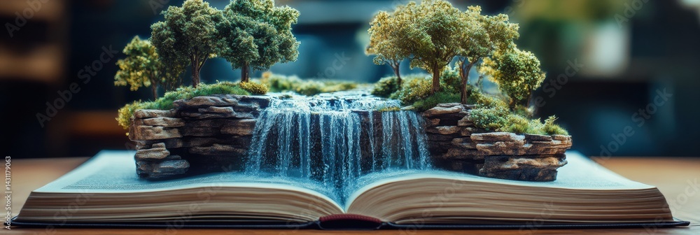 Poster creative waterfall flows from a book showcasing nature and knowledge in an imaginative landscape gen