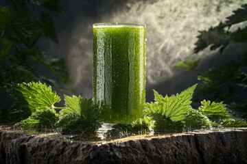 nettle juice in a mason jar, fresh leaves artfully scattered on a textured linen cloth with raw hemp fibers, sunlight filtering through the liquid