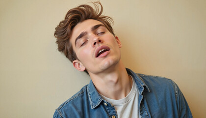 Young man expressing exhaustion against a neutral background  