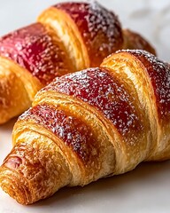 Freshly Baked Croissants with Light Dusting of Powdered Sugar on a White Background