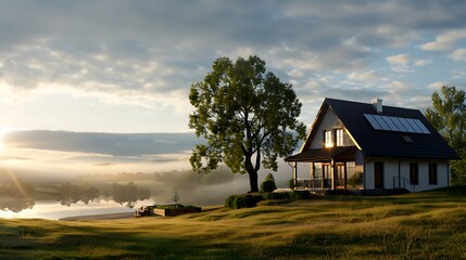 a house on a hill with a lake in the background