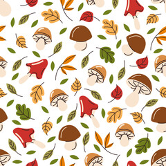 Vector seamless pattern with autumn leaves and mushrooms. Natural background for seasonal textiles, wallpaper, wrapping paper with forest elements