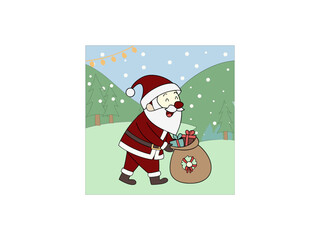 A cartoon depiction of Santa Claus walking across a snowy landscape, carrying a large sack filled with gifts.