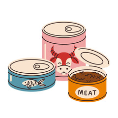 A set of delicious canned meat and fish for tourists. Camping food for outdoor activities. Beef, stew, tuna. Vector illustration in a flat style, highlighted on a white background
