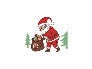Obraz premium A cartoon depiction of Santa Claus walking across a snowy landscape, carrying a large sack filled with gifts.