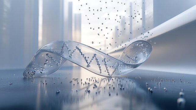Abstract representation of data flow or genetic code, with water droplets and urban background