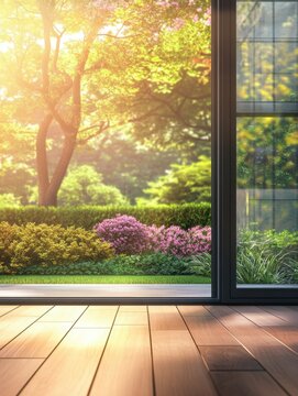 Fototapeta Serene garden view through open glass door with sunlight illuminating wooden floor and lush greenery