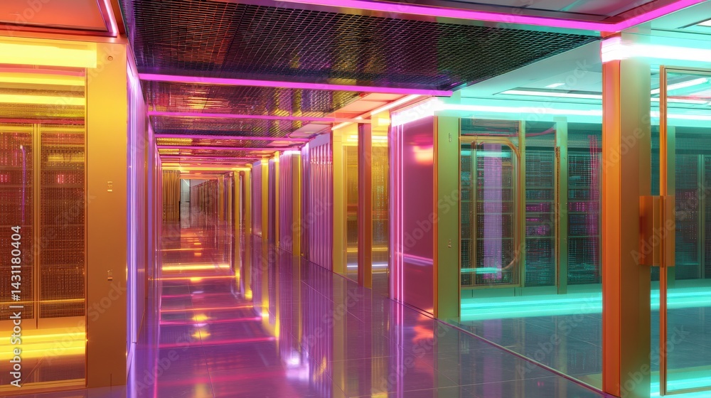 Poster a vibrant, illuminated corridor lined with server racks, showcasing a futuristic and colorful tech e