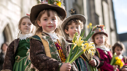 Saint David's Day with Welsh children wearing traditional clothes, holding national symbols such as leeks and lilies, standing in front of an old Gothic church. AI generated images.